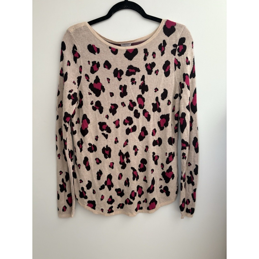 Chicos Leopard Print Sweater Magenta Tan Black Rayon Scoop Neck‎ Size 1 Medium - Picture 2 of 7